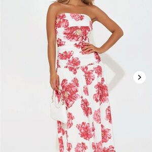 Fashion Nova White Strapless Maxi Dress with Pink Floral Print